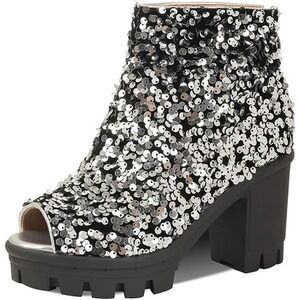 Silver Sequin Peep Toe Fairy Grunge Whimsigoth Sparkle Platform Lug Sole Boots 9